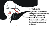 Products:;Full lace wig, Front lace wig;Lace frontal, Silk base tope wig;Jewish wig, syntheti...